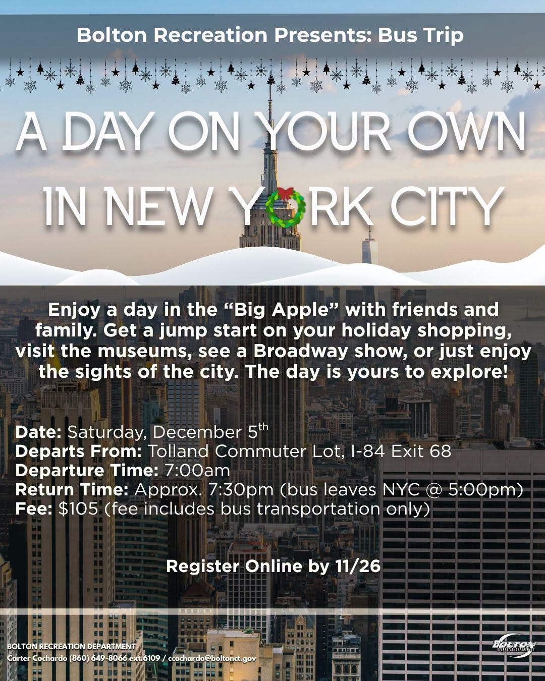 Bolton Recreation New York City Bus Trip event flyer