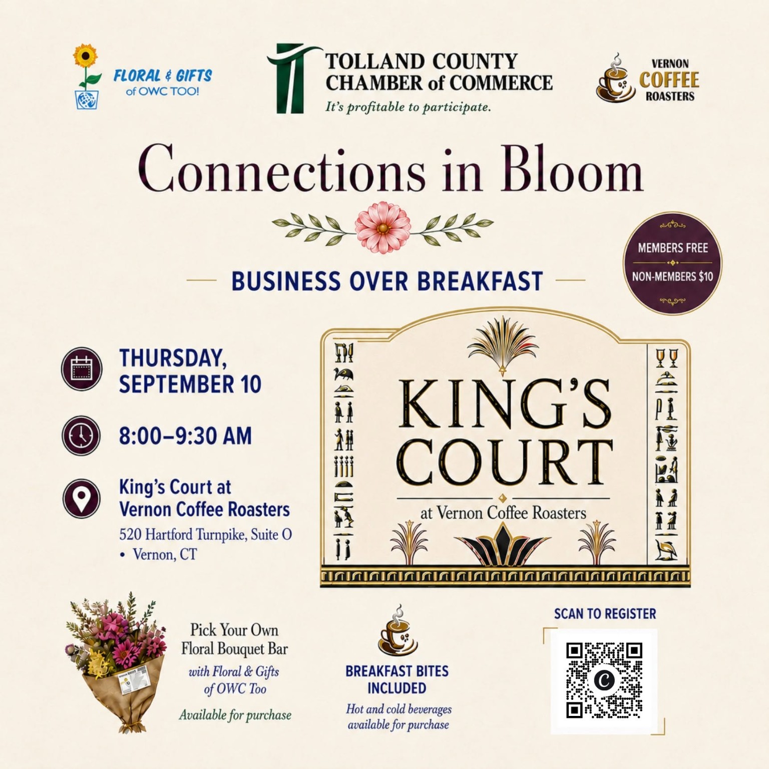 Connections in Bloom — Business Over Breakfast event flyer