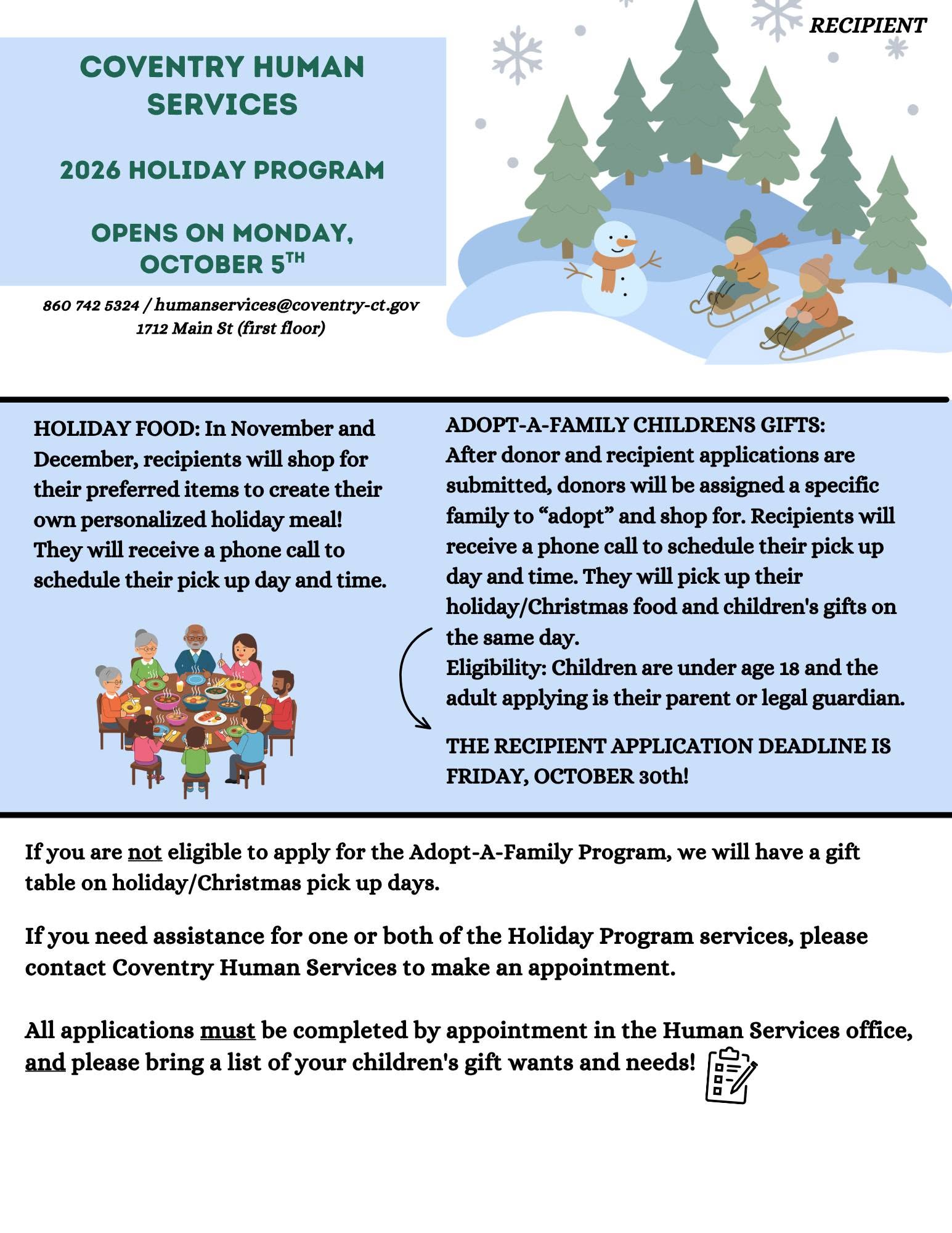 Coventry Human Services 2026 Holiday Program event flyer