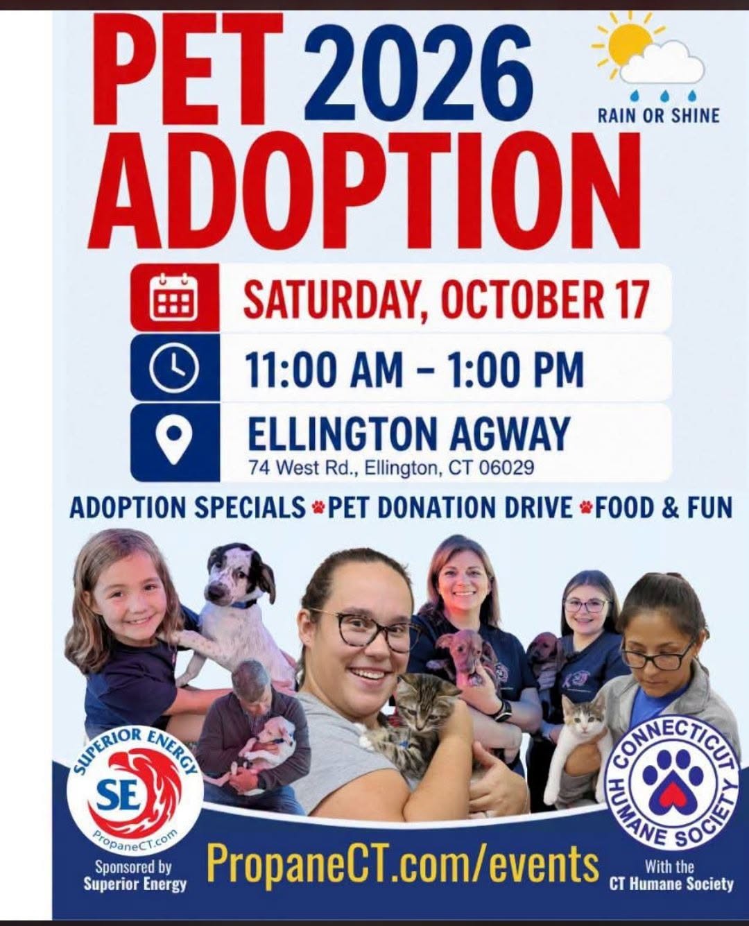 Pet Adoption & Donation Drive — Ellington Agway event flyer