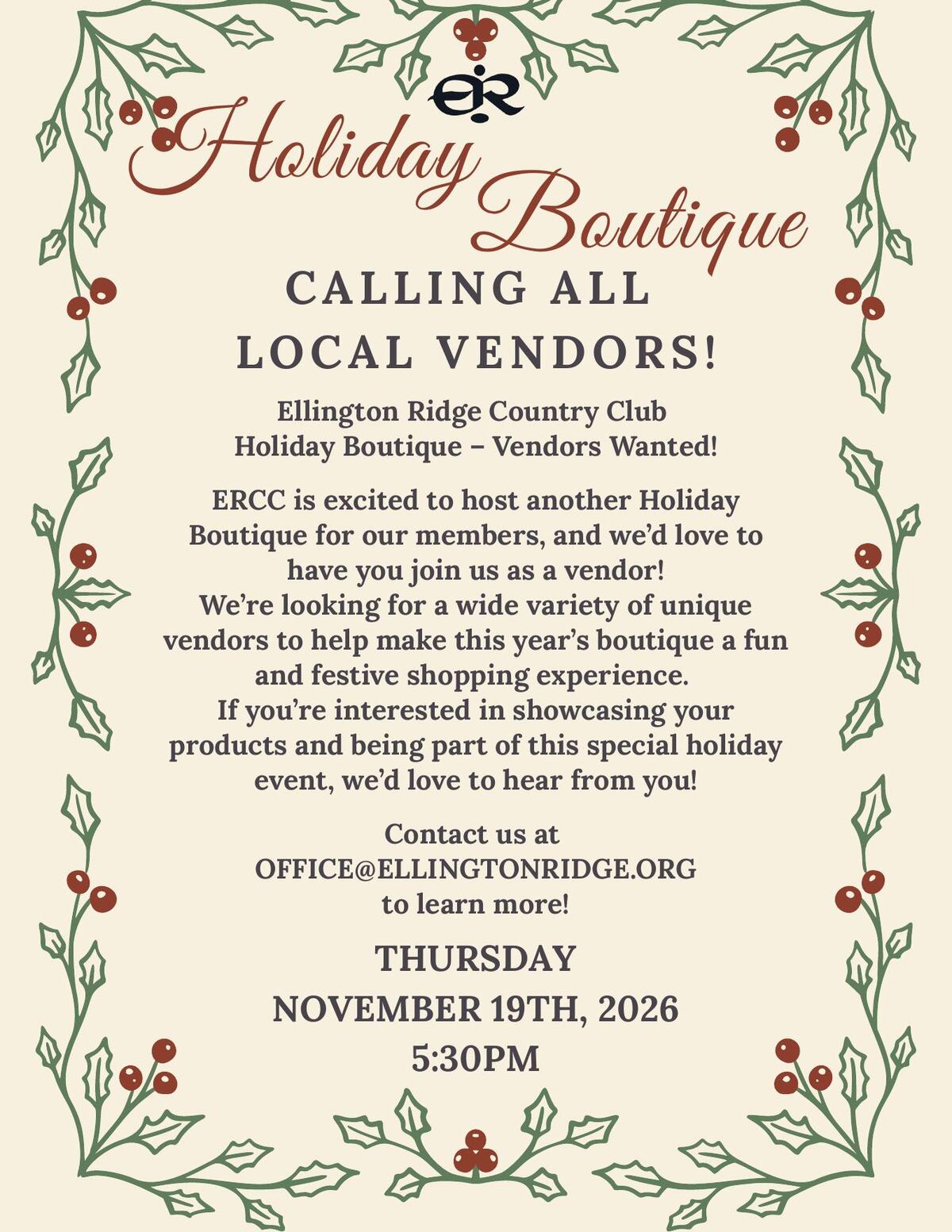 Ellington Ridge Country Club Holiday Boutique — Vendors Wanted event flyer