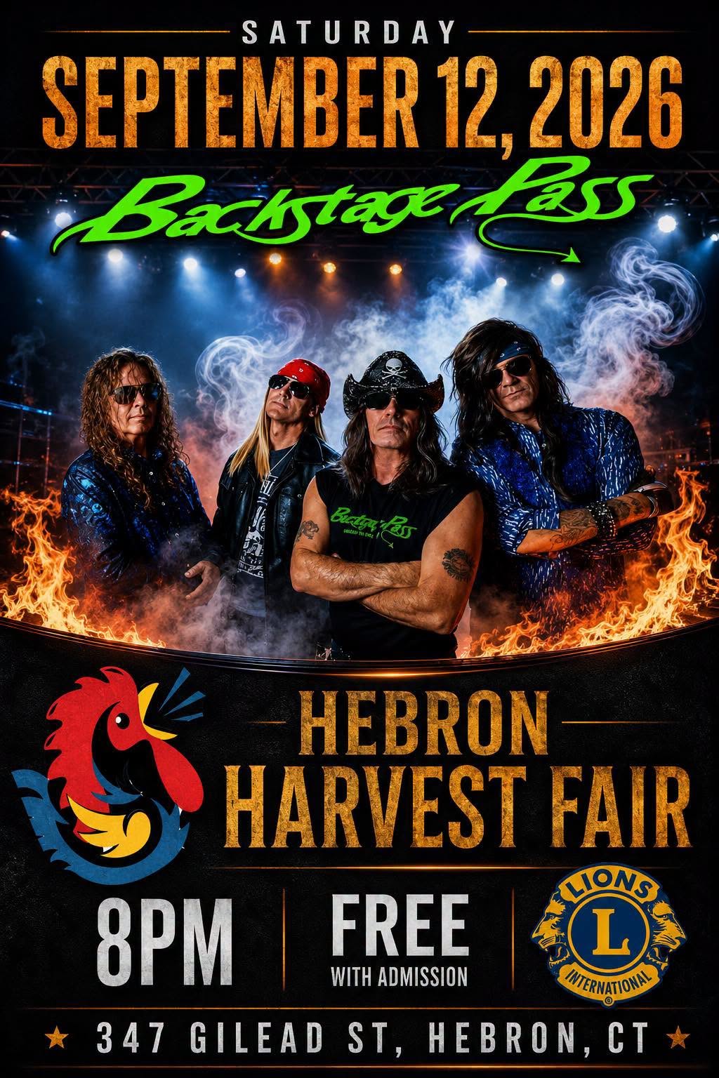 Backstage Pass at the Hebron Harvest Fair event flyer