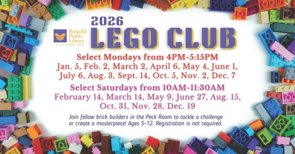 Rockville Public Library LEGO Club event flyer