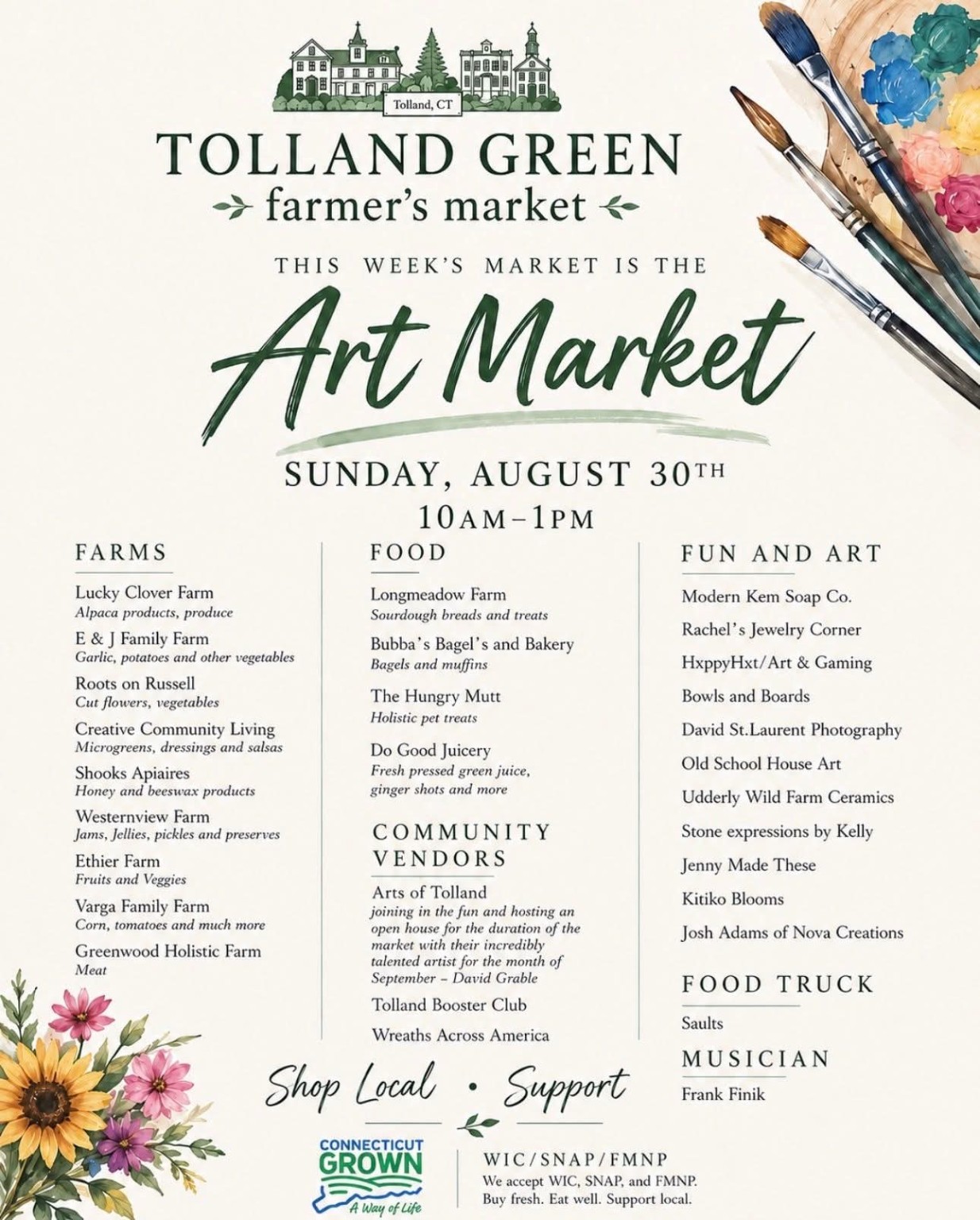 Tolland Green Farmers Market Art Market event flyer