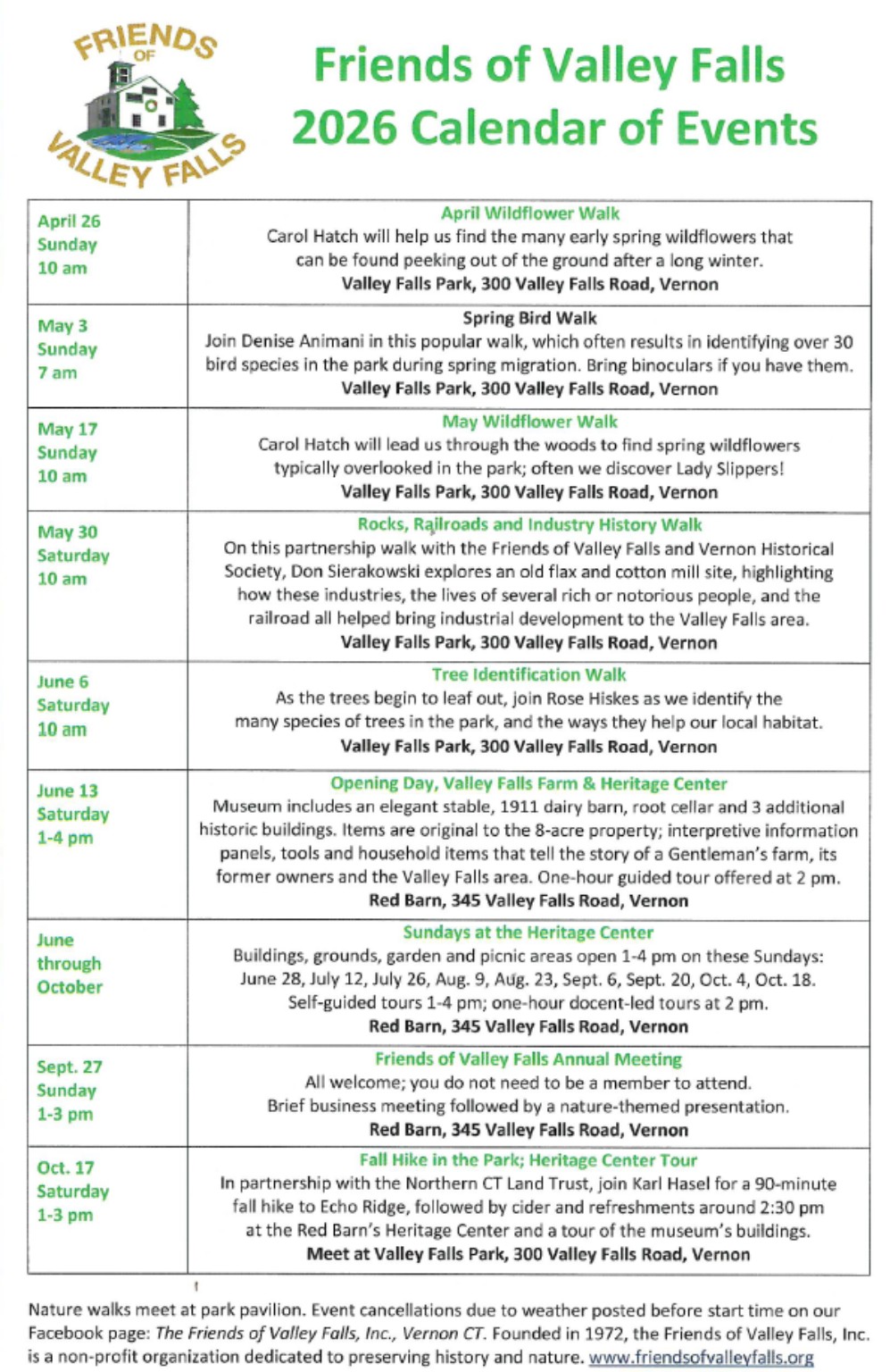 Friends of Valley Falls 2026 Calendar event flyer