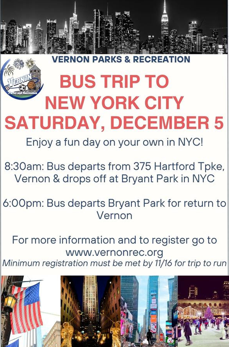 Vernon Parks & Recreation New York City Bus Trip event flyer