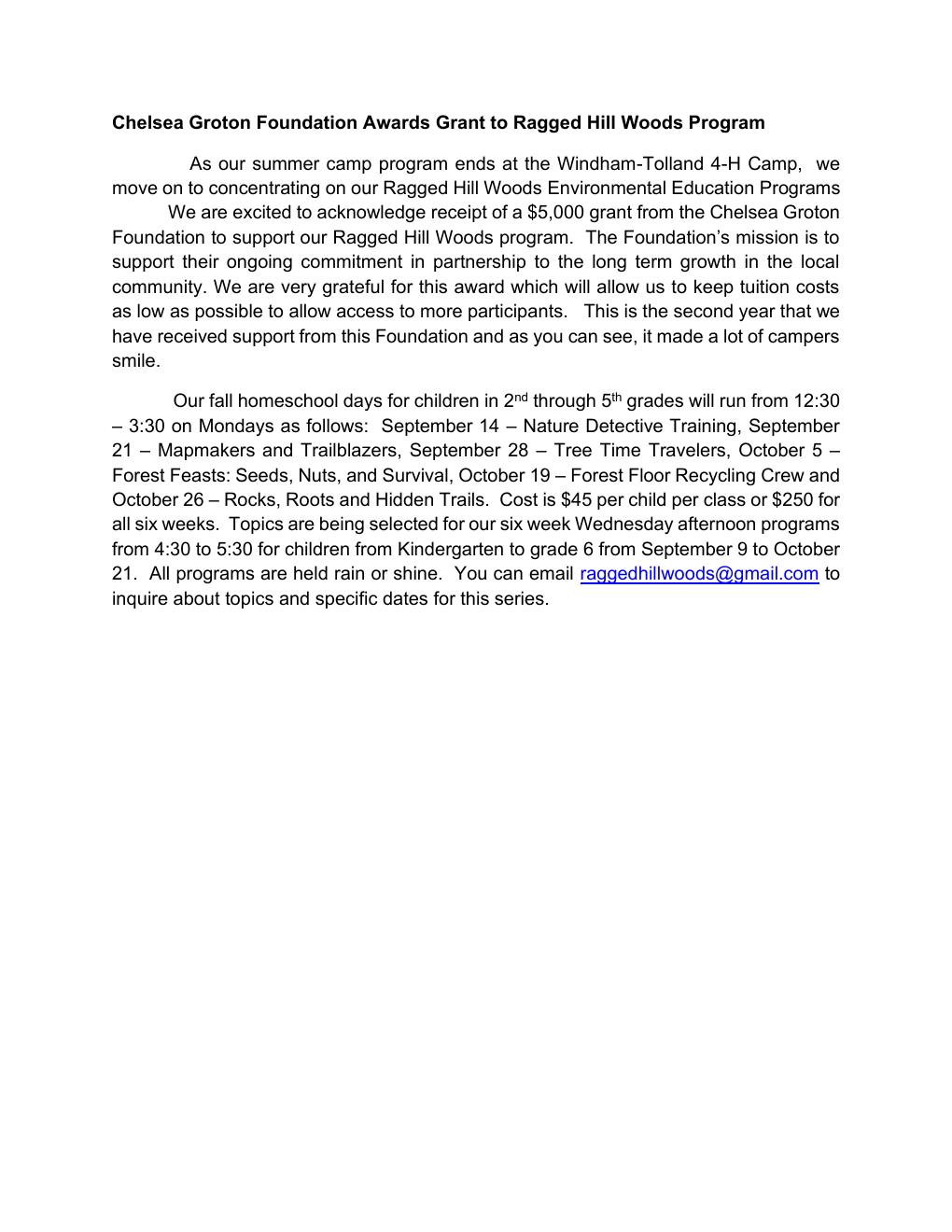 Chelsea Groton Foundation Awards Grant flyer