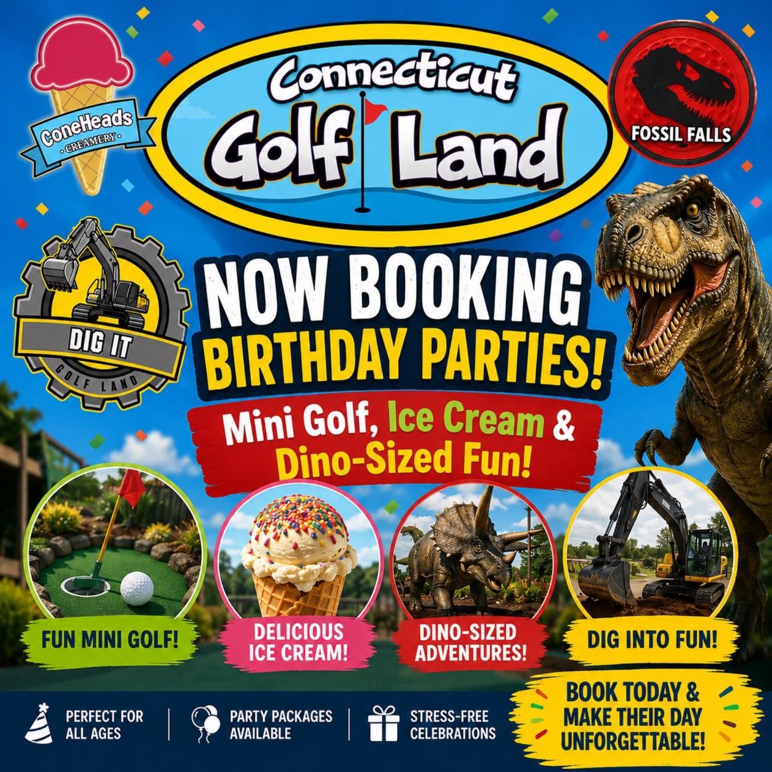 Coneheads & Fossil Falls Birthday Parties flyer