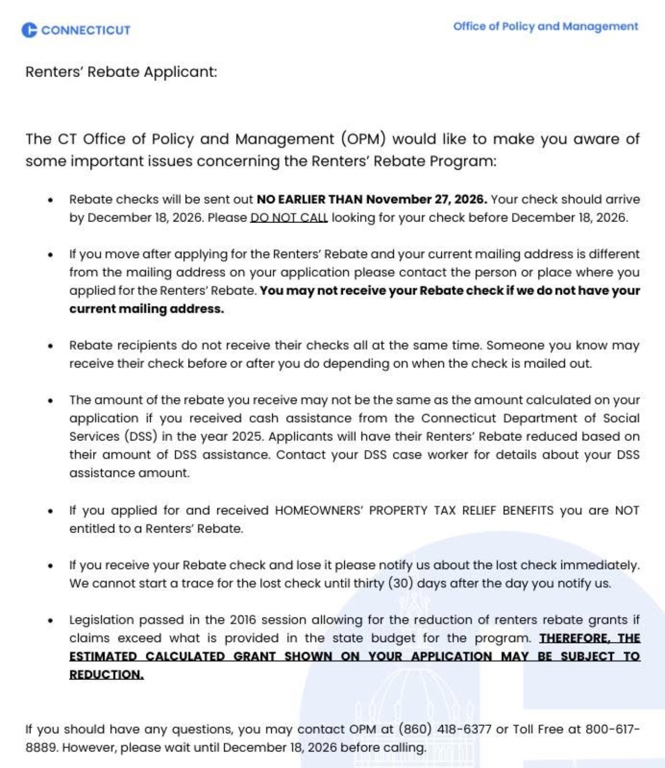 Connecticut Renters' Rebate Notice flyer