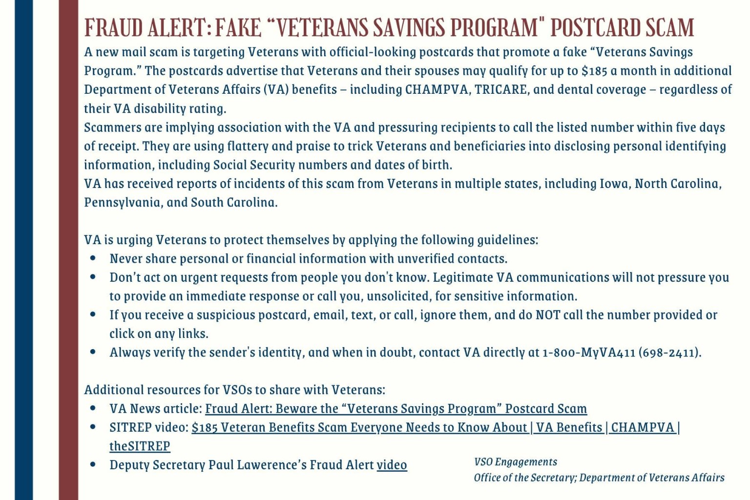 Fraud Alert: Fake Veterans Savings Program flyer