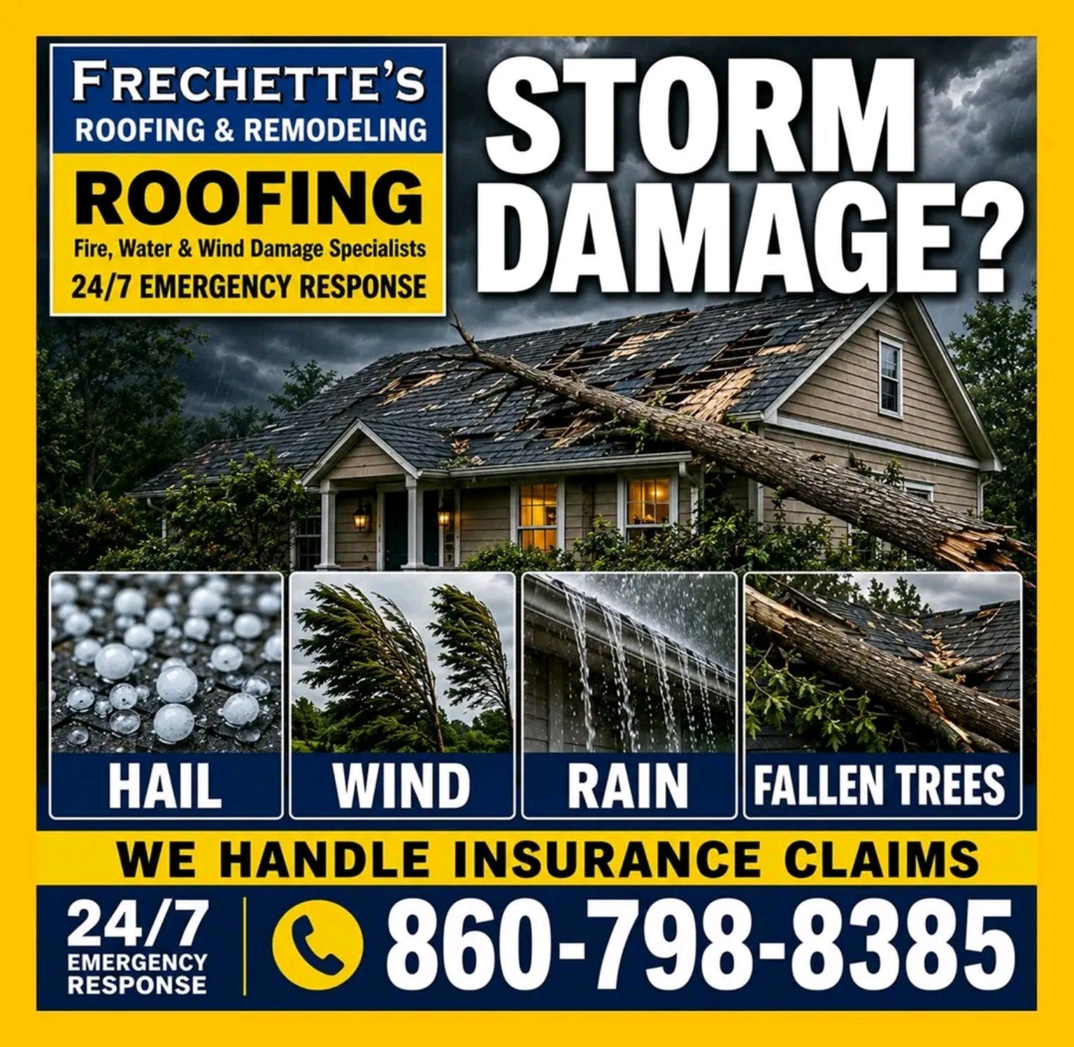Frechette’s Roofing & Remodeling — Storm Damage Help flyer