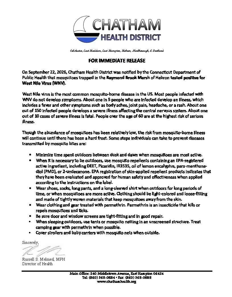 Hebron West Nile Virus Mosquito Alert flyer