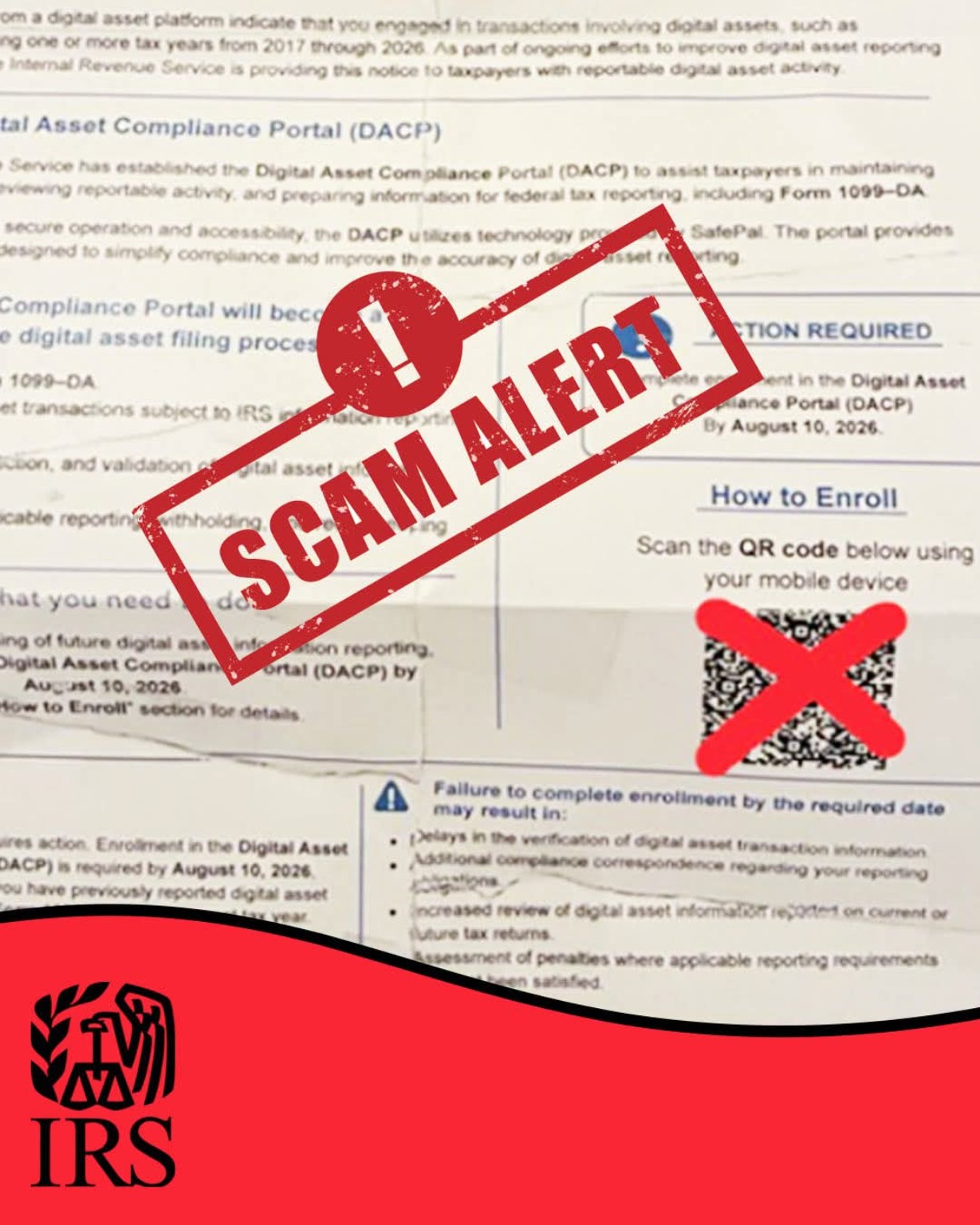 IRS Digital Asset Compliance Portal Scam Alert flyer