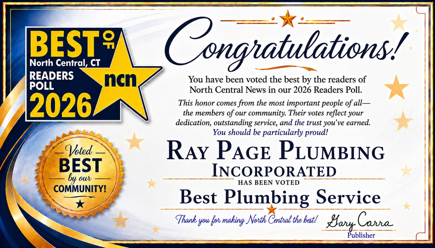 Ray Page Plumbing Voted Best Plumbing Service flyer