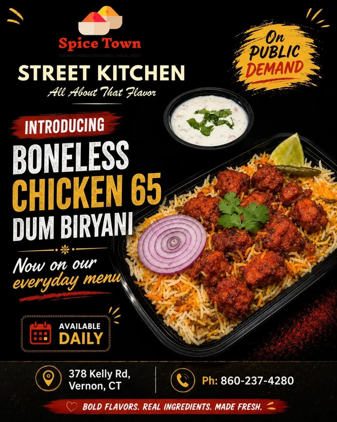 Spice Town Street Kitchen: Boneless Chicken 65 Dum Biryani flyer