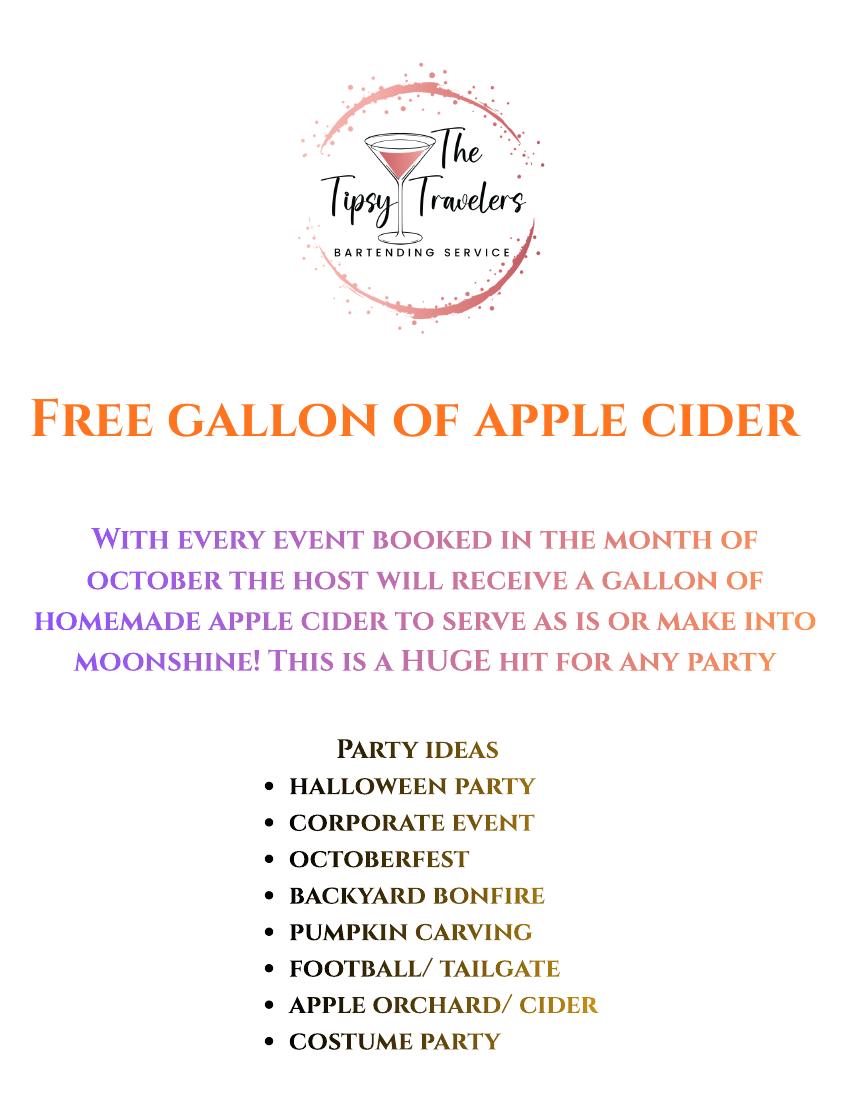The Tipsy Travelers — Free Gallon of Apple Cider flyer