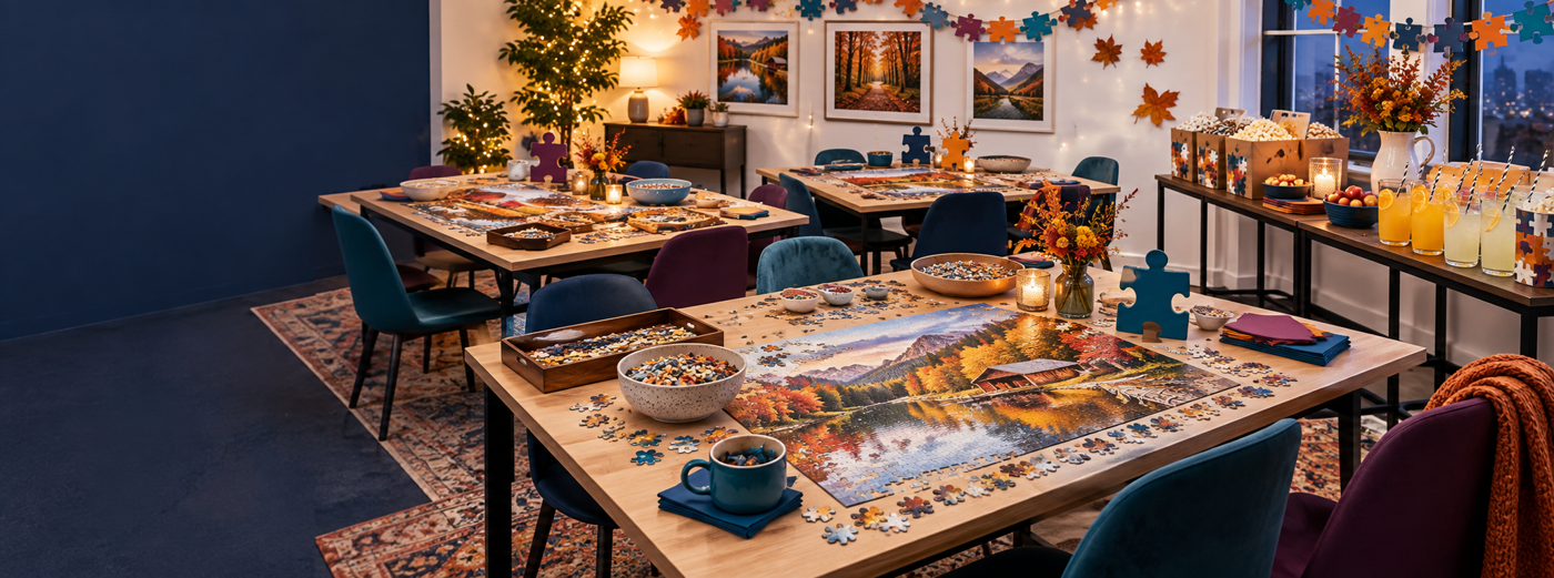A fun fall puzzle-night room with four puzzle tables, snack boxes and citrus mocktails